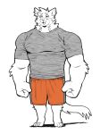  1boy :3 artist_self-insert catsudon clenched_hands commentary covered_nipples english_commentary furry muscular no_humans open_mouth shirt simple_background solo standing tail tight tight_shirt white_background 