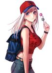  1girl applekun backpack bag baseball_cap belt belt_buckle blue_eyes blush breasts buckle closed_mouth clothes_writing cowboy_shot dango denim earrings fate/grand_order fate_(series) food from_side hat highres holding holding_food jeans jewelry large_breasts long_hair looking_at_viewer looking_to_the_side miyamoto_musashi_(fate) navel pants red_headwear red_tank_top silver_hair simple_background sleeveless smile solo tank_top wagashi white_background wristband 