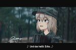  1girl accordion artist_name bangs blue_eyes blurry blurry_background chinese_commentary commentary_request day depth_of_field eighth_note english_commentary eyebrows_visible_through_hair german_text girls_und_panzer grey_headwear hat holding holding_instrument instrument itsumi_erika letterboxed looking_to_the_side medium_hair military military_hat military_uniform mixed-language_commentary musical_note open_mouth outdoors patrol_cap persian_lessons qian signature silver_hair smile solo ss_insignia translation_request uniform 