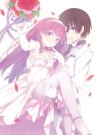  1boy 1girl bare_shoulders blurry blurry_foreground blush bouquet_toss bride brown_hair carrying closed_mouth couple cover_image dress elbow_gloves eyebrows_visible_through_hair flower fuyuumi_ai garter_straps gloves groom hair_flower hair_ornament hairband hetero highres jpeg_artifacts kidou_eita legs long_hair looking_at_viewer novel_illustration official_art ore_no_kanojo_to_osananajimi_ga_shuraba_sugiru petals pink_hair princess_carry ruroo simple_background smile strapless strapless_dress textless thigh-highs upskirt violet_eyes wedding_dress white_background white_dress white_gloves white_hairband 