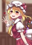  1girl :d absurdres ascot blonde_hair blurry blurry_background blush brooch crystal dress flandre_scarlet flat_chest from_side hat heart highres indoors jewelry keenii_(kenny86) looking_at_viewer mob_cap one_side_up open_mouth pointy_ears red_dress red_eyes short_hair smile solo touhou upper_body waving wings yellow_neckwear 