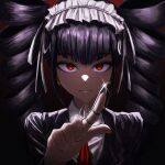  1girl absurdres bangs black_background black_hair black_jacket blunt_bangs bonnet bubi_(bin1886) celestia_ludenberg commentary_request dangan_ronpa:_trigger_happy_havoc dangan_ronpa_(series) drill_hair eyebrows_visible_through_hair gothic_lolita hair_ribbon hairband highres index_finger_raised jacket lolita_fashion lolita_hairband long_hair long_sleeves looking_at_viewer pointing pointing_at_viewer red_background red_eyes red_neckwear ribbon shiny shiny_hair shirt smile solo twin_drills twintails upper_body white_shirt 