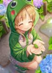  1girl ^_^ absurdres animal animal_costume blonde_hair blue_flower blurry blush closed_eyes depth_of_field flat_chest flower frog frog_costume from_above happy highres holding holding_animal hydrangea long_hair moriya_suwako nora_wanko outdoors polka_dot puddle reflection smile solo sparkle squatting touhou 