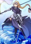  1girl absurdres armor blonde_hair blue_eyes braid fate/apocrypha fate_(series) faulds flag gauntlets headpiece highres jeanne_d&#039;arc_(fate) jeanne_d&#039;arc_(fate)_(all) long_hair looking_at_viewer nanni_jjang plackart scabbard sheath solo standard_bearer standing standing_on_liquid standing_on_one_leg sword thigh-highs weapon 