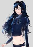  1girl ameno_(a_meno0) bangs blue_eyes blue_hair blue_panties blue_sweater breasts fingernails fire_emblem fire_emblem_awakening floating_hair grey_background hair_between_eyes light_blush lips long_hair long_sleeves looking_at_viewer lucina_(fire_emblem) medium_breasts navel panties parted_lips pink_lips shirt simple_background solo stomach sweater symbol-shaped_pupils teeth tiara turtleneck turtleneck_sweater underwear 