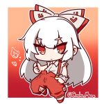  1girl bangs border bow chibi closed_mouth concha_(mamecha) eyebrows_visible_through_hair fire fujiwara_no_mokou full_body gradient gradient_background hair_bow hand_in_pocket highres long_hair looking_at_viewer multicolored_bow ofuda ofuda_on_clothes outline pants red_background red_eyes red_footwear red_pants solo suspenders torn_clothes torn_sleeves touhou twitter_username white_border white_hair white_outline 
