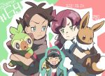  1girl 2boys :&lt; antenna_hair ash_ketchum baseball_cap black_hair brown_hair chloe_(pokemon) closed_mouth commentary_request copyright_name dated eevee eyelashes gen_1_pokemon gen_8_pokemon goh_(pokemon) green_eyes grookey hat holding holding_pokemon long_hair multiple_boys number pikachu pokemon pokemon_(anime) pokemon_(creature) pokemon_on_back pokemon_swsh_(anime) shirt short_sleeves sleeveless sleeveless_jacket starter_pokemon t-shirt ueda_hanako white_shirt |d 