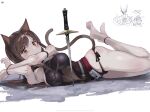  1girl animal_ears arknights bikini bikini_bottom black_bikini black_swimsuit bound bound_ankles bound_wrists breasts brown_hair cat_ears cat_girl cat_tail highres large_breasts long_hair ltotyht lying navel o-ring o-ring_swimsuit official_alternate_costume on_side orange_eyes planted planted_sword side-tie_bikini skindentation skyfire_(arknights) skyfire_(temperature_difference)_(arknights) solo swimsuit sword tail weapon white_background 