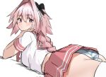  1boy ass astolfo_(fate) black_bow blush bow fate/apocrypha fate/grand_order fate_(series) foolfool_45 hair_intakes long_hair looking_back lying male_focus multicolored_hair on_stomach otoko_no_ko panties pink_hair pink_skirt pleated_skirt skirt solo streaked_hair striped striped_panties underwear violet_eyes 