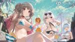  3girls aqua_bikini azur_lane balloon bikini black_bikini black_hairband blue_bikini blue_hair blue_sky blurry blurry_foreground braid braided_bun breasts bsue center_frills choker closed_eyes clothing_cutout commentary_request criss-cross_halter crossed_legs cup dido_(azur_lane) double_bun earrings eyewear_on_head feather_boa ferris_wheel formidable_(azur_lane) formidable_(the_lady_of_the_beach)_(azur_lane) frills hair_between_eyes hairband halterneck heart heart-shaped_eyewear highres holding holding_cup huge_breasts jewelry large_breasts loading_screen long_hair looking_at_viewer looking_down manjuu_(azur_lane) multi-strapped_bikini multiple_girls o-ring o-ring_bikini o-ring_top official_alternate_costume official_art open_mouth palm_tree picnic_basket pink-framed_eyewear pink_choker platinum_blonde_hair red_eyes scrunchie shirt short_hair sideboob single_thighhigh sirius_(azur_lane) sirius_(midsummer_seirios)_(azur_lane) sitting skindentation sky sleeveless sleeveless_shirt sunglasses swimsuit teacup thigh-highs tree under_boob underboob_cutout very_long_hair white_hair white_scrunchie white_shirt wrist_scrunchie 