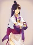  1girl ayasato_mayoi black_hair closed_mouth crossed_arms gyakuten_saiban hair_ornament half_updo japanese_clothes jewelry ki_(mxxxx) long_hair looking_at_viewer magatama necklace simple_background smile solo 