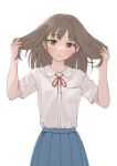  1girl brown_eyes brown_hair eyebrows_visible_through_hair highres holding holding_hair long_hair looking_at_viewer natuich original school_uniform solo white_background 
