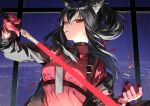  1girl animal_ear_fluff animal_ears arknights black_hair black_jacket breasts energy_sword gloves grey_neckwear highres holding holding_sword holding_weapon jacket kokorozou looking_at_viewer medium_breasts mouth_hold multicolored_hair necktie official_alternate_costume open_clothes open_jacket red_eyes red_gloves red_shirt redhead shell_casing shirt solo streaked_hair sword texas_(arknights) texas_(willpower)_(arknights) upper_body weapon window wolf_ears 