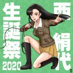  1girl 2020 artist_logo asymmetrical_bangs bangs birthday black_eyes black_hair boots brown_jacket character_name chi-hatan_military_uniform commentary girls_und_panzer green_background headphones holding jacket knee_boots long_hair long_sleeves looking_at_viewer military military_uniform miniskirt nishi_itsumi nishi_kinuyo one_knee open_mouth pleated_skirt pointing pointing_at_viewer radio skirt smile solo star_(symbol) straight_hair translated uniform yellow_skirt 