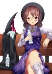  1girl absurdres bench bottle bow brown_hair cloak_removed fedora feet_out_of_frame glasses gloves gloves_removed hat hat_bow highres kanibaru park_bench quimbaya_airplane school_uniform serious short_twintails sitting socks touhou twintails usami_sumireko water_bottle 