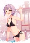  1girl :d bikini black_bikini blurry blurry_background breasts brown_eyes hair_intakes idolmaster idolmaster_cinderella_girls koshimizu_sachiko navel one_eye_closed open_mouth pink_hair sakaki_imasato short_hair side-tie_bikini small_breasts smile solo swimsuit waving 