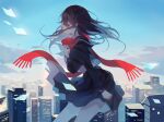  1girl absurdres brown_hair city clouds cloudy_sky day expressionless floating_hair hair_ornament hairclip highres kagerou_project long_hair nanz_match paper red_eyes red_scarf scarf skirt sky solo tateyama_ayano uniform 