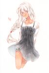  1girl arms_behind_back black_dress braid dark-skinned_female dark_skin dress faux_traditional_media fuurin_hino513 heart highres long_hair looking_at_viewer low-tied_long_hair marker_(medium) original pinafore_dress red_eyes solo traditional_media white_background white_hair 