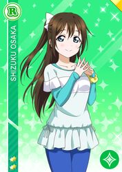  blue_eyes brown_hair character_name long_hair love_live!_nijigasaki_high_school_idol_club ousaka_shizuku shirt smile 