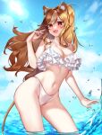  1girl :d animal_ear_fluff animal_ears artist_name bare_shoulders bikini breasts brown_hair collarbone fang hazumi_aileen highres indie_virtual_youtuber large_breasts lion_ears lion_tail midriff navel open_mouth outdoors partially_submerged red_eyes ringeko-chan smile solo sunlight swimsuit tail thighs virtual_youtuber water white_bikini 
