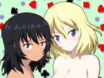  2girls andou_(girls_und_panzer) bangs bare_shoulders black_hair blonde_hair blue_eyes brown_eyes closed_mouth club_(shape) commentary dark_skin diamond_(shape) eyebrows_visible_through_hair girls_und_panzer gogopaint green_background heart highres looking_at_viewer medium_hair messy_hair multiple_girls nude oshida_(girls_und_panzer) smile spade_(shape) 