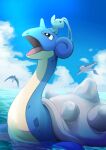  :d afloat clouds commentary_request day gen_1_pokemon gen_2_pokemon gen_4_pokemon highres lapras looking_up manaphy mantine mythical_pokemon no_humans on_head open_mouth outdoors pokemon pokemon_(creature) pokemon_on_head riding riding_pokemon sky smile tongue water yuro_(mangasukinoyuro) 