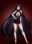  1girl absurdres alternate_costume azur_lane bare_shoulders black_dress black_hair breasts choister cleavage_cutout clothing_cutout dress friedrich_der_grosse_(azur_lane) full_body hair_over_one_eye hand_on_hip high_heels highres horns large_breasts long_hair mechanical_horns red_footwear red_horns short_dress thighs very_long_hair yellow_eyes 