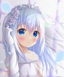  1girl blue_eyes blue_hair blush bridal_gauntlets bridal_veil bride closed_mouth flower gochuumon_wa_usagi_desu_ka? hair_flower hair_ornament highres kafuu_chino kyuri_senbei long_hair solo tiara veil 