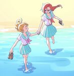  2girls ^_^ ^o^ aozora_middle_school_uniform aqua_sailor_collar aqua_skirt bare_legs barefoot beach blouse bow closed_eyes commentary_request facing_another floating_hair from_above hair_between_eyes hair_bow hair_strand highres holding holding_clothes holding_footwear holding_hands holding_shoes loafers long_hair looking_at_another multiple_girls natsuumi_manatsu neckerchief open_mouth orange_belt pink_neckwear pleated_skirt precure red_neckwear redhead sand school_uniform shoes shoes_removed shore short_sleeves side_ponytail skirt smile soaking_feet summer_uniform takizawa_asuka tropical-rouge!_precure violet_eyes walking water white_blouse yellow_bow yellow_stripe yuzu_sato 