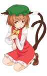  1girl :p animal_ear_fluff animal_ears bow bowtie brown_eyes brown_hair cat_ears cat_tail chen dress earrings ears_down full_body hat highres jewelry kakone kneeling looking_to_the_side mob_cap multiple_tails nekomata paw_pose red_dress short_hair simple_background solo tail tongue tongue_out touhou two_tails v-shaped_eyebrows white_background yellow_neckwear 