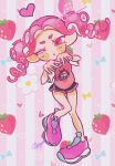  1girl :o absurdres black_shorts commentary_request drill_hair eyelashes flower food fruit full_body heart highres octoling octoling_girl one_eye_closed payayo884 pink_background pink_eyes pink_footwear pink_hair pink_shirt shirt shoes short_hair short_shorts shorts signature solo splatoon_(series) standing standing_on_one_leg strawberry tentacle_hair thick_eyebrows twin_drills twintails two-tone_background white_background 