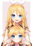  1boy 1girl ahoge bangs blonde_hair blue_eyes blush border closed_mouth commentary_request detached_sleeves eyebrows_behind_hair finger_to_cheek hair_between_eyes hair_ornament hair_ribbon hairclip hands_on_another&#039;s_shoulders headphones heart highres kagamine_len kagamine_rin long_hair looking_at_viewer number_tattoo open_mouth pout ribbon sailor_collar short_hair shoulder_tattoo simple_background soramame_pikuto sweatdrop tattoo upper_body upper_teeth vocaloid white_border white_ribbon 