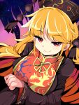  1girl arm_under_breasts bangs black_dress blonde_hair breasts chinese_clothes closed_mouth dress dutch_angle eyebrows_visible_through_hair harakune_(mugennero) headgear highres junko_(touhou) large_breasts long_hair long_sleeves looking_at_viewer multicolored_hair neck_ribbon pom_pom_(clothes) red_eyes red_tabard ribbon sidelocks smile smug solo space starry_background swept_bangs tabard touhou upper_body upturned_eyes wide_sleeves 