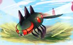  closed_mouth clouds commentary_request day ewokakukaede fangs flying gen_4_pokemon highres no_humans outdoors pokemon pokemon_(creature) sky solo yanmega 