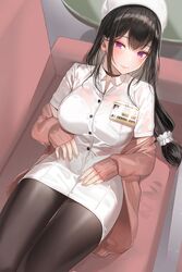  1girl bangs black_hair blush cardigan choker couch dress feet_out_of_frame hat highres id_card kfr lips long_hair looking_at_viewer low_tied_hair lying nurse nurse_cap on_back original pantyhose scrunchie sidelocks solo taut_clothes taut_dress thighs violet_eyes 