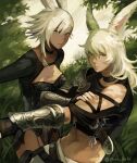  1boy 1girl animal_ears arm_guards armor blue_eyes brown_eyes choker cleavage_cutout closed_mouth clothing_cutout dutch_angle final_fantasy final_fantasy_xiv fingerless_gloves gloves hair_between_eyes long_hair looking_at_viewer muraicchi_(momocchi) rabbit_ears short_hair shoulder_armor viera white_hair 