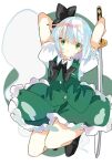  1girl :o black_neckwear bow bowtie dress full_body green_dress green_eyes hair_ribbon hitodama holding holding_sword holding_weapon katana konpaku_youmu konpaku_youmu_(ghost) looking_at_viewer nishiki1225 petals ribbon short_hair silver_hair simple_background solo sword touhou weapon white_background 