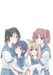  4girls absurdres black_hair blonde_hair blue_eyes blue_neckwear blue_sailor_collar blue_skirt blush brown_hair closed_mouth green_eyes hair_ribbon hibike!_euphonium highres hug kasaki_nozomi kero_liu kitauji_high_school_uniform long_hair looking_at_another looking_at_viewer multiple_girls nakagawa_natsuki neckerchief open_mouth pleated_skirt ponytail red_eyes ribbon sailor_collar school_uniform serafuku shirt short_sleeves simple_background sitting skirt smile standing violet_eyes white_background white_shirt yellow_ribbon yoroizuka_mizore yoshikawa_yuuko 