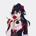  1girl black_hair blood flower fu_hua hair_flower hair_ornament highres holding holding_flower honkai_(series) honkai_impact_3rd looking_at_viewer pointy_ears red_eyes red_flower rose simple_background solo tutou_jiang vampire white_background 