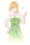  1girl artist_name blonde_hair blue_eyes character_request dress fuurin_hino513 green_dress hand_on_hip hand_up heart highres marker_(medium) one_eye_closed pocket simple_background standing traditional_media white_background 