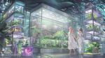  2girls alphonse_(white_datura) barefoot black_hair blonde_hair curly_hair dated dress english_text fish fish_tank fossil hairband hand_over_face highres holding_hands indoors long_hair looking_down multiple_girls original plant scenery signature surreal walking whale white_dress yellow_eyes 