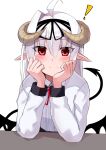  ! 1girl ahoge bangs black_ribbon closed_mouth collared_shirt curled_horns demon_girl demon_horns demon_tail demon_wings eyebrows_visible_through_hair hair_between_eyes hands_up head_rest highres horns long_sleeves looking_at_viewer neck_ribbon original pointy_ears red_eyes red_ribbon ribbon sazamiso_rx shirt simple_background single_hair_intake solo tail upper_body white_background white_hair white_shirt wings 