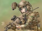  1girl assault_rifle backpack bag belt belt_pouch black_hair camouflage camouflage_jacket camouflage_pants english_commentary gloves green_eyes gun headset helmet holding holding_weapon jacket jpc kneeling load_bearing_vest magazine_(weapon) military military_uniform original pants pouch rifle safety_glasses scope tactical_clothes trigger_discipline uniform weapon weapon_request 