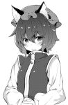  1girl animal_ears blush cat_ears chen chinese_clothes closed_mouth earrings greyscale hair_between_eyes hands_clasped hat hiroya_juuren interlocked_fingers jewelry long_sleeves looking_at_viewer mob_cap monochrome own_hands_together simple_background smile solo touhou upper_body vest white_background 