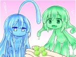  ! +_+ 1other 2girls :d ahoge blue_eyes blue_hair blue_sclera blue_skin candy closed_mouth colored_sclera colored_skin completely_nude curss fang fewer_digits food green_eyes green_hair green_sclera green_skin konpeitou medium_hair minigirl monster_girl multiple_girls nude open_mouth original skin_fang slime_girl smile tenori_(curss) 