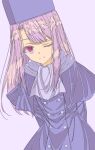  1girl absurdres bangs fate/stay_night fate_(series) hat highres illyasviel_von_einzbern long_hair one_eye_closed purple_background red_eyes silver_hair simple_background smile solo upper_body xtango 