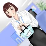  1girl bangs black_eyes blunt_bangs blurry blurry_background blush bob_cut brown_hair collared_shirt dutch_angle hands_up highres hiramedousa lanyard leaf long_sleeves looking_at_viewer office_lady original parted_lips plant shadow shirt short_hair smile solo white_shirt 