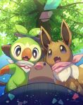  absurdres bright_pupils brown_eyes commentary_request day diglett eevee fang fangs from_below gen_1_pokemon gen_8_pokemon grey_eyes grookey highres no_humans nullma open_mouth outdoors pokemon pokemon_(creature) signature tongue tree white_pupils 