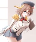  1girl bangs blue_eyes breasts brown_hair cosplay epaulettes eyebrows_visible_through_hair gloves grey_skirt headgear hiei_(kancolle) highres holding kantai_collection kashima_(kancolle) kashima_(kancolle)_(cosplay) large_breasts long_sleeves meihemu open_mouth pleated_skirt red_neckwear short_hair simple_background skirt solo uniform white_gloves 