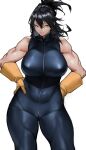  1girl absurdres black_eyes black_hair blue_bodysuit bodysuit boku_no_hero_academia breasts closed_mouth gloves hair_between_eyes hands_on_hips highres large_breasts looking_at_viewer mole mole_under_mouth shimura_nana short_hair simple_background solo white_background yellow_gloves yoshio_(55level) 